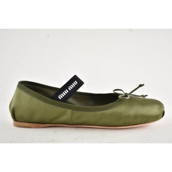 Miu Miu Satin Oliva Green Black White Logo Strap Ballet Ballerina Flats 39.5 - Picture 2 of 16